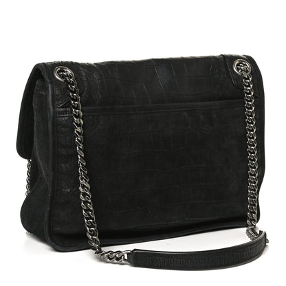 Saint Laurent Nubuck Crocodile Embossed Monogram Medium Niki Chain Satchel Black 3 of 10