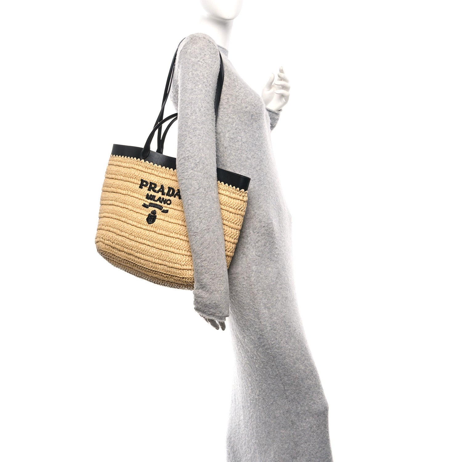 Prada Yarn Raffia Effect Calfskin Crochet Embroidered Logo Tote Tan Black Tan Black 2 of 9