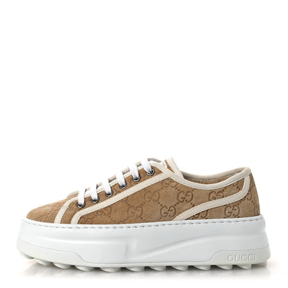 Gucci Suede Shearling Web GG Monogram Embossed Womens 1977 Tennis High Top Sneakers 36 Butterscotch Mystic White 1 of 11