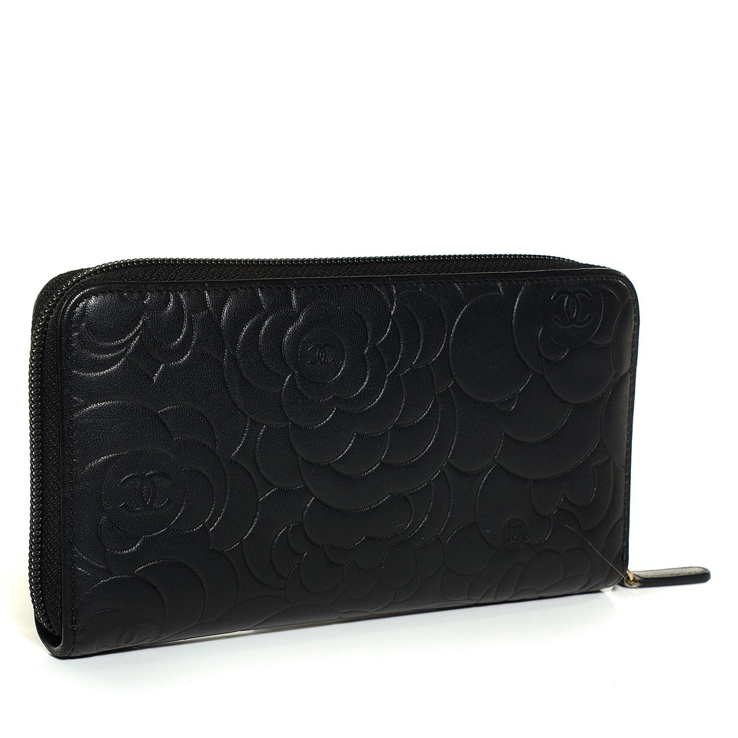 Lambskin Camellia Embossed Large Zip Around Gusset Wallet Black