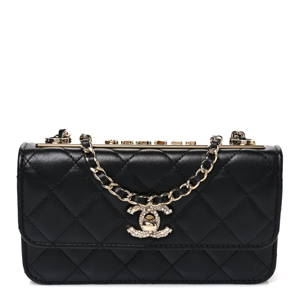 Lambskin Crystal Quilted Trendy CC Flap Phone Holder With Chain Black
