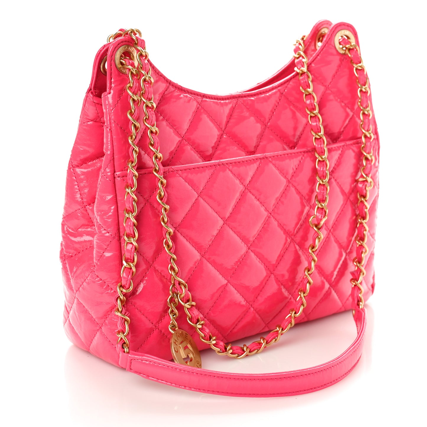 Shiny Crumpled Calfskin Quilted Wavy CC Hobo Fuchsia