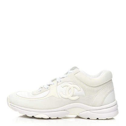Chanel Suede Calfskin Fabric CC Sneakers 38.5 White 1 of 7