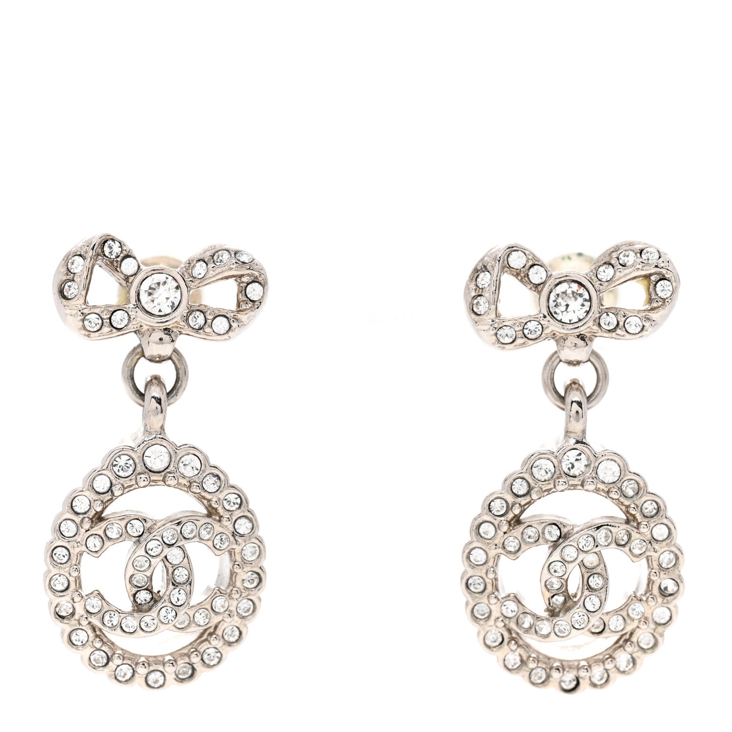 Crystal CC Bow Round Drop Earrings Silver