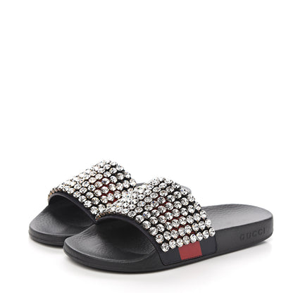 Gucci Calfskin Crystal Embellished Web Slide Sandals 37 Blue Red 3 of 7