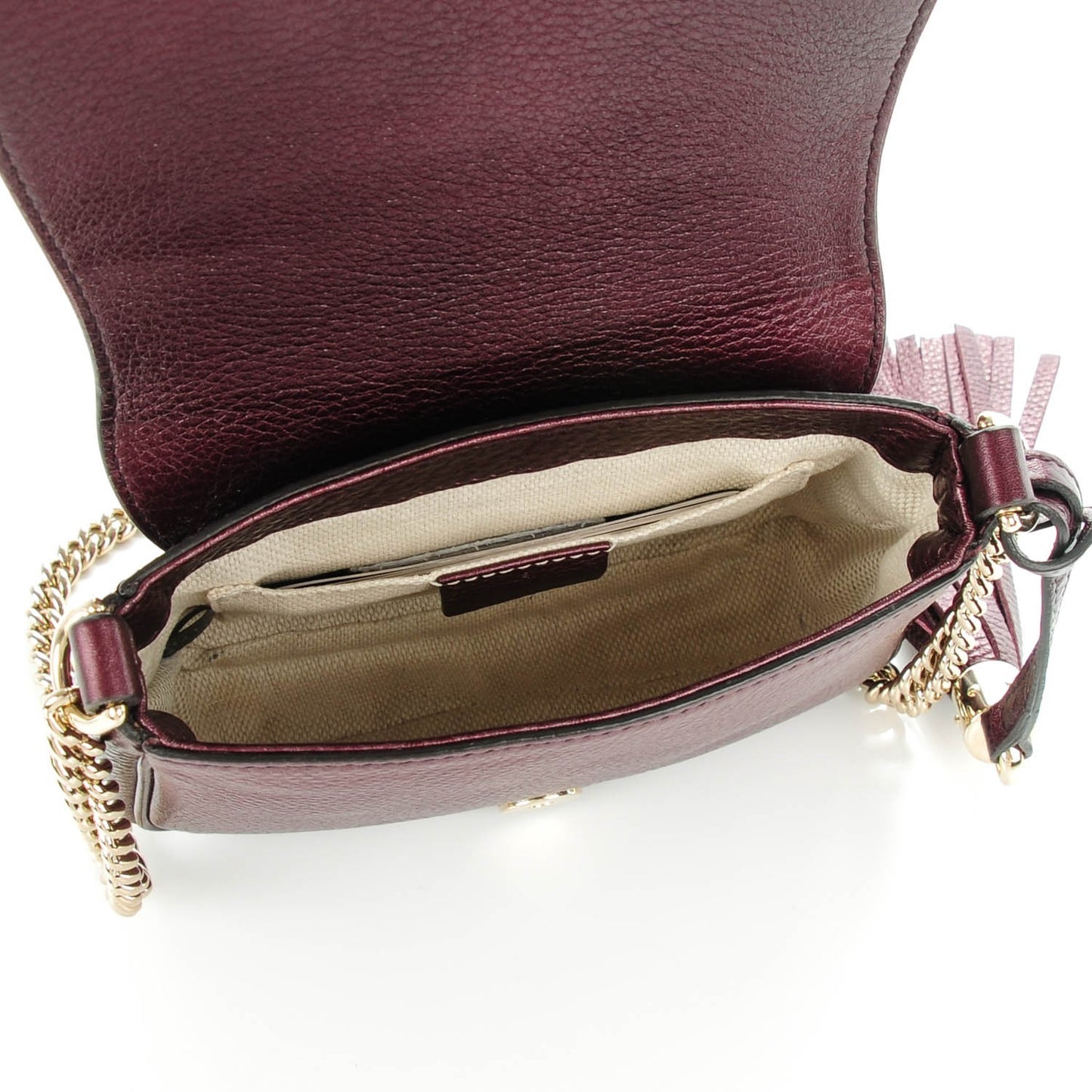 Metallic Pebbled Calfskin Small Soho Flap Crossbody Burgundy