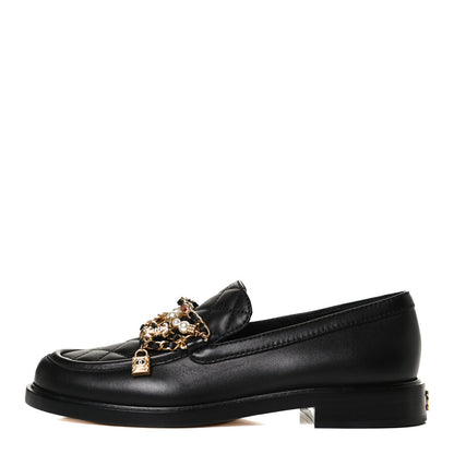 Chanel Lambskin Pearl Crystal Quilted CC Logo Jewelry Loafers 38 Black 1 of 11