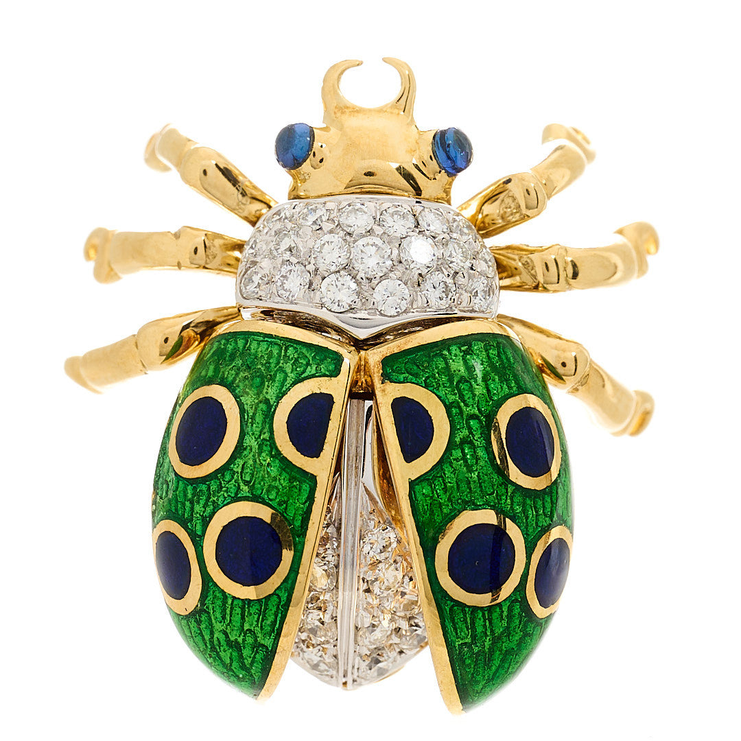 Tiffany 18K Yellow White Gold Diamond Enamel Ladybug Brooch Pin Green 1 of 6