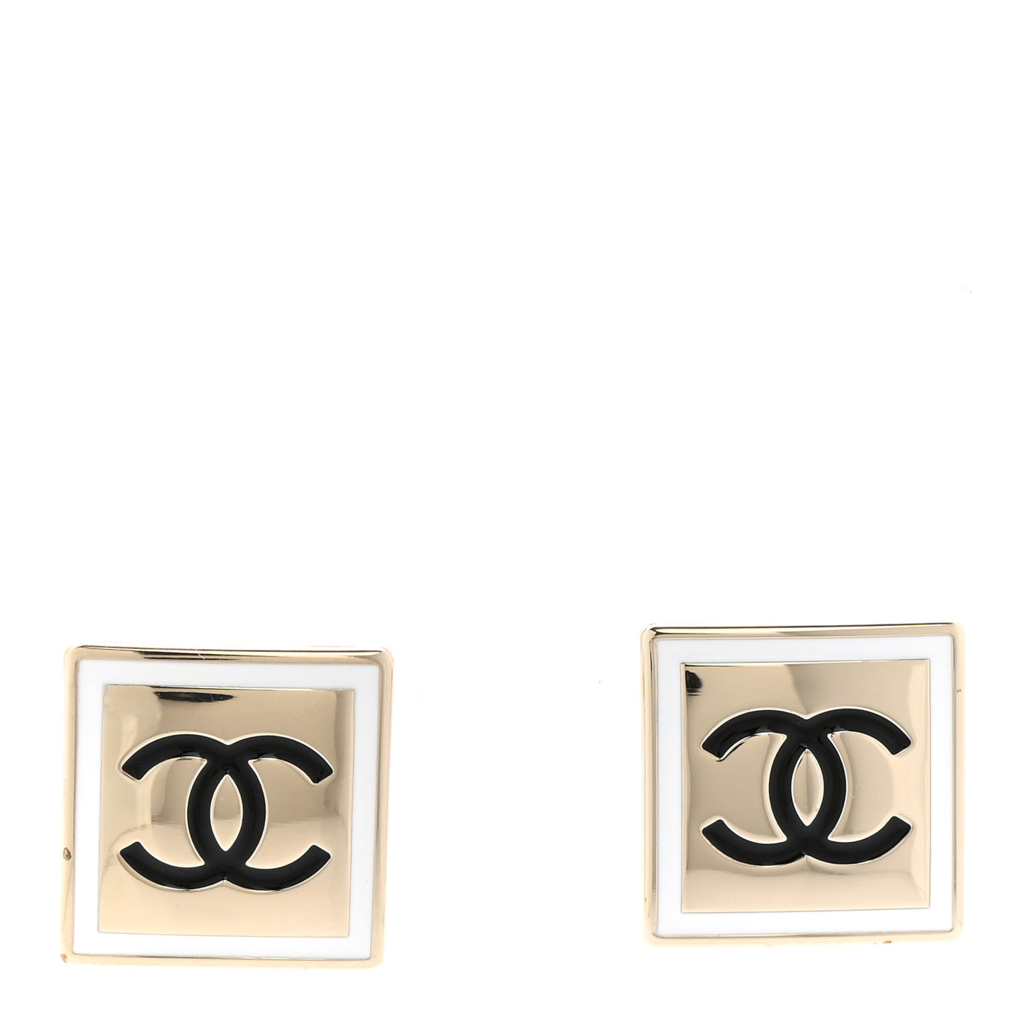 Metal Enamel CC Square Earrings Gold Black White