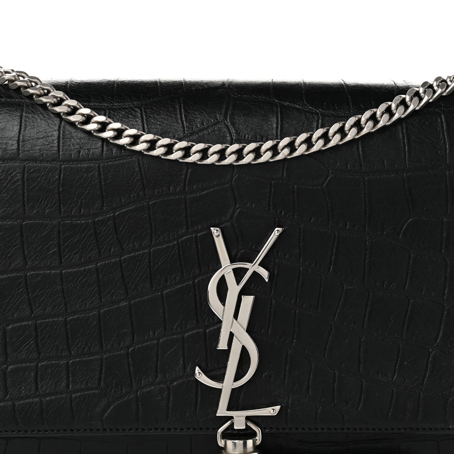 Calfskin Crocodile Embossed Medium Classic Monogram Kate Tassel Satchel Black