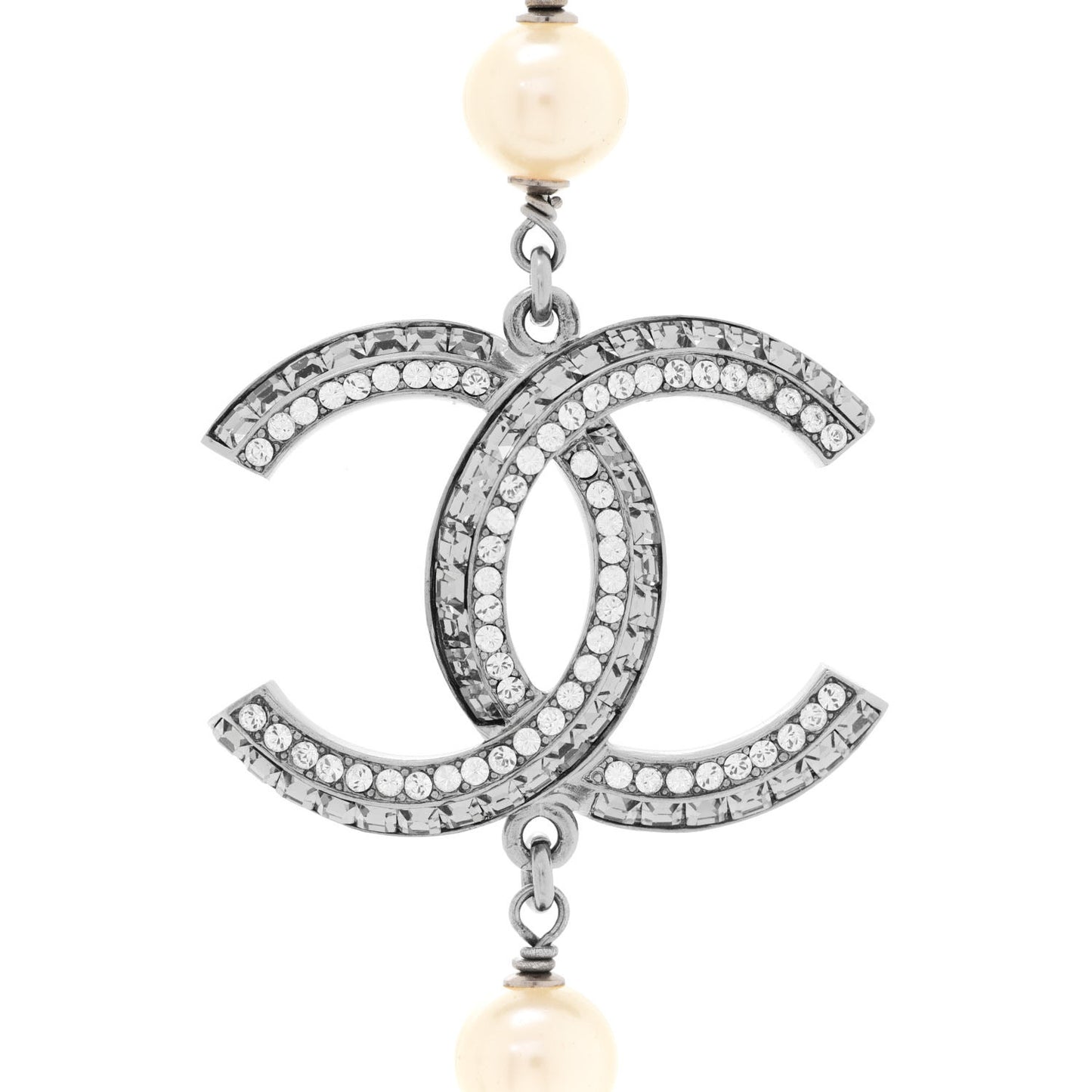 Pearl Beaded Enamel CC Coco Long Necklace Silver