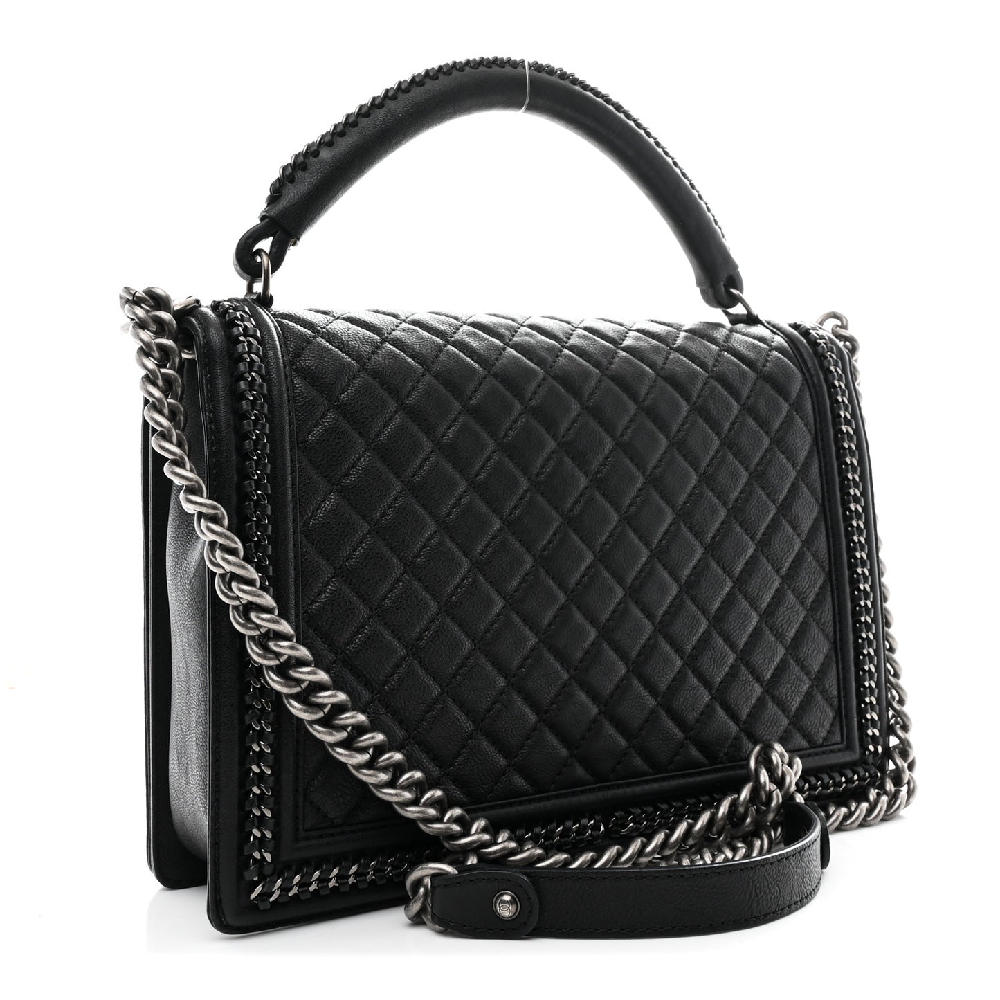 Calfskin Quilted Large Boy Top Handle Flap Black