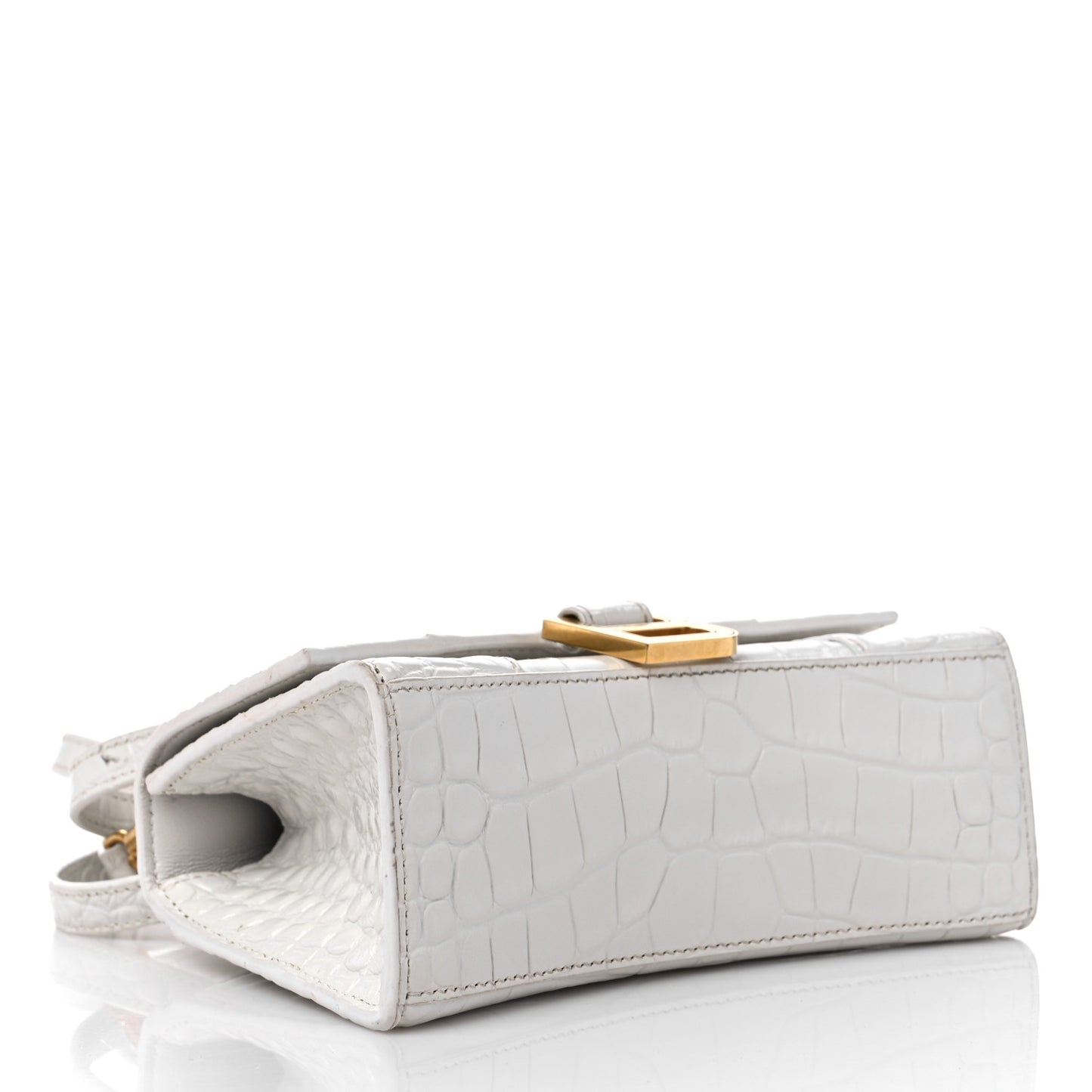 Shiny Calfskin Crocodile Embossed Hourglass Top Handle Bag XS White