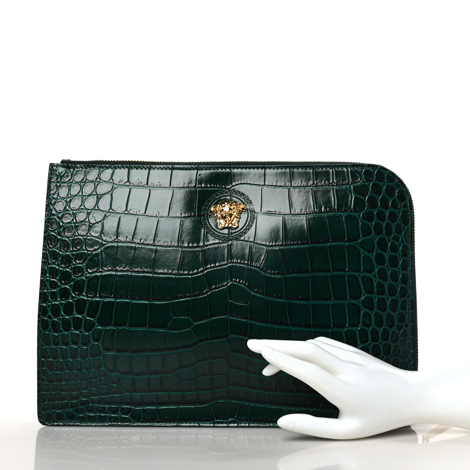 Versace Crocodile Embossed Calfskin Medusa Small Zip Clutch Bottle Green 2 of 8