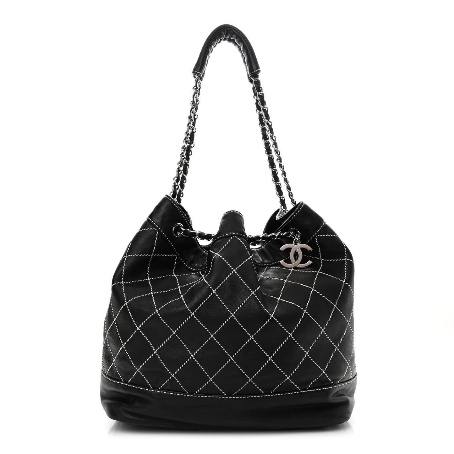 Calfskin Contrast Stitch Surpique Bucket Bag Black
