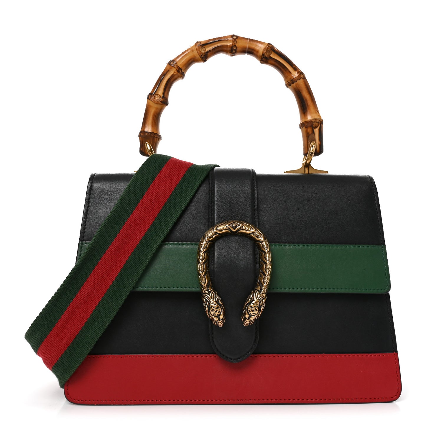 Moon Calfskin Bamboo Web Medium Dionysus Top Handle Bag Black Bright Evergreen Hibiscus Red