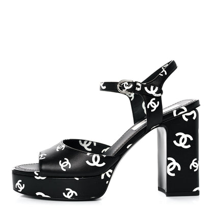 Chanel Printed Lambskin Coco Beach Platform Sandals 39 Black White 1 of 9