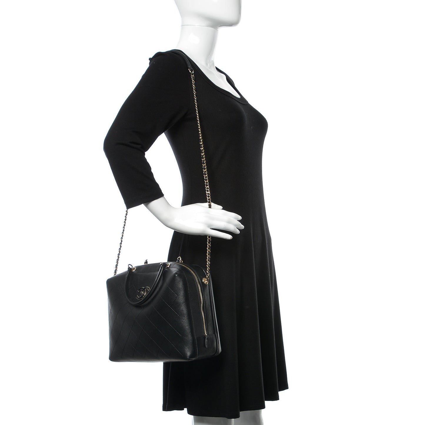 Calfskin Stitched Sleek Box Top Handle Vanity Bag Black