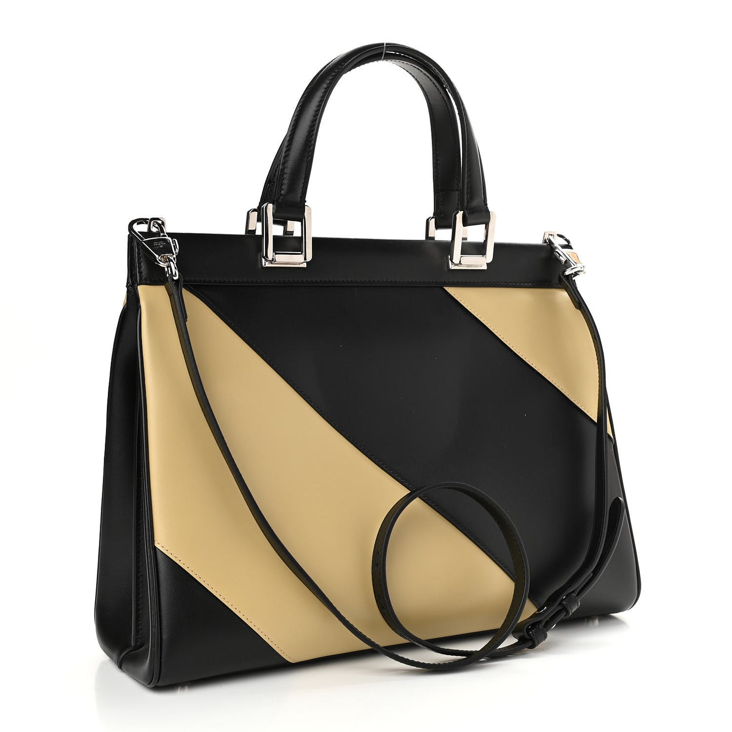 Smooth Calfskin Diagonal Striped Medium Zumi Top Handle Bag Black Beige