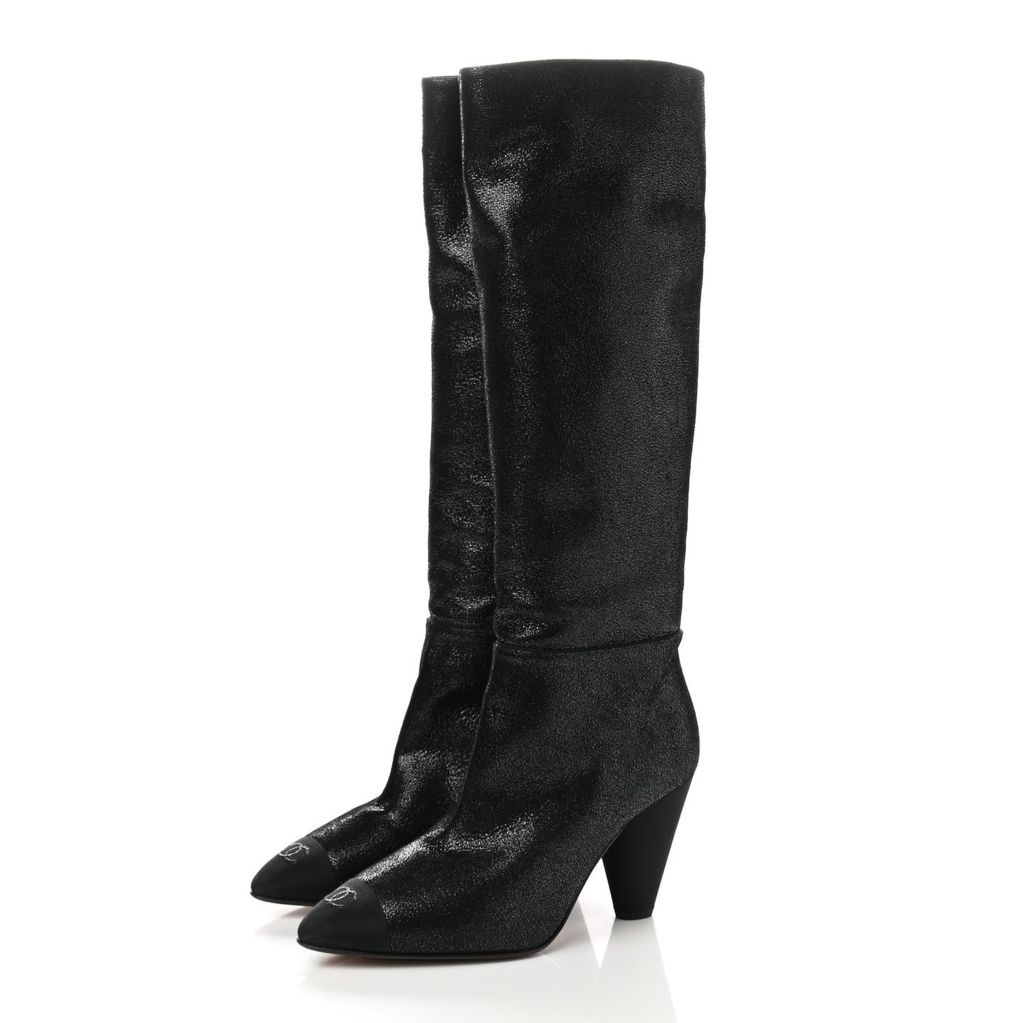 Glitter Suede Grosgrain Cap Toe Knee High Boots 38.5 Black