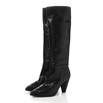 Chanel Glitter Suede Grosgrain Cap Toe Knee High Boots 38.5 Black 3 of 7