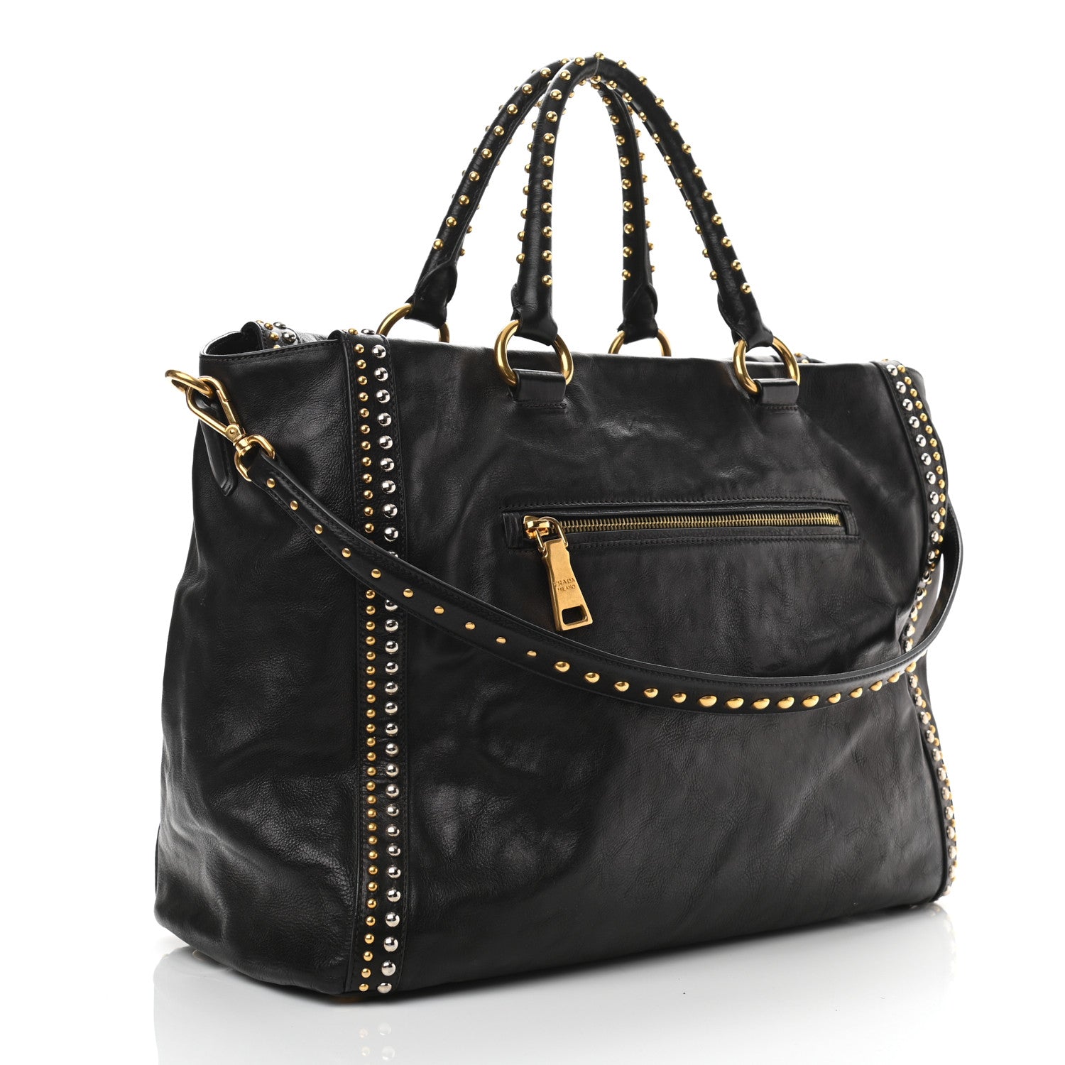 Prada Glace Calf Studded Tote Black 2 of 9