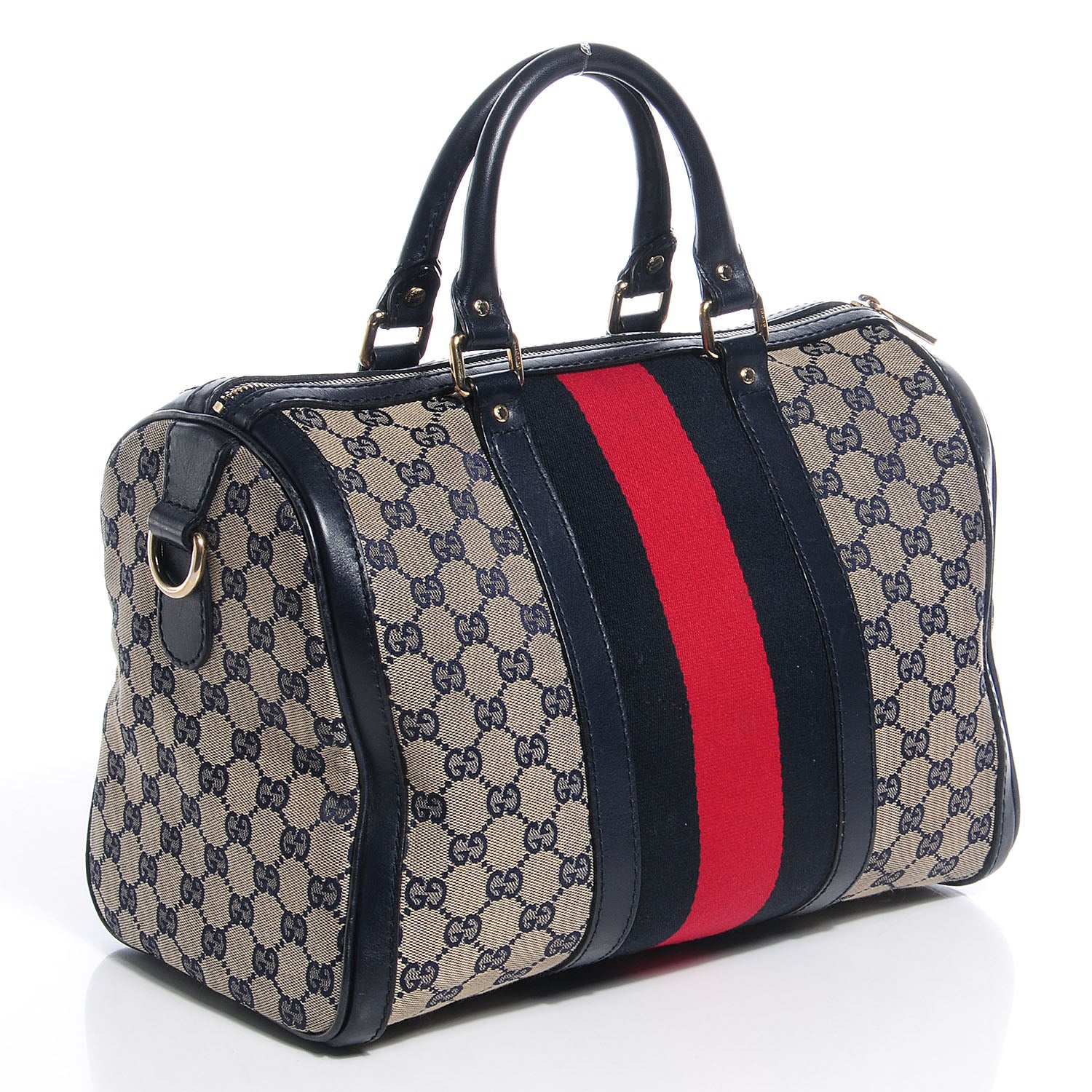 Gucci Monogram Selleria Calfskin Vintage Web Medium Boston Beige Blue 3 of 8