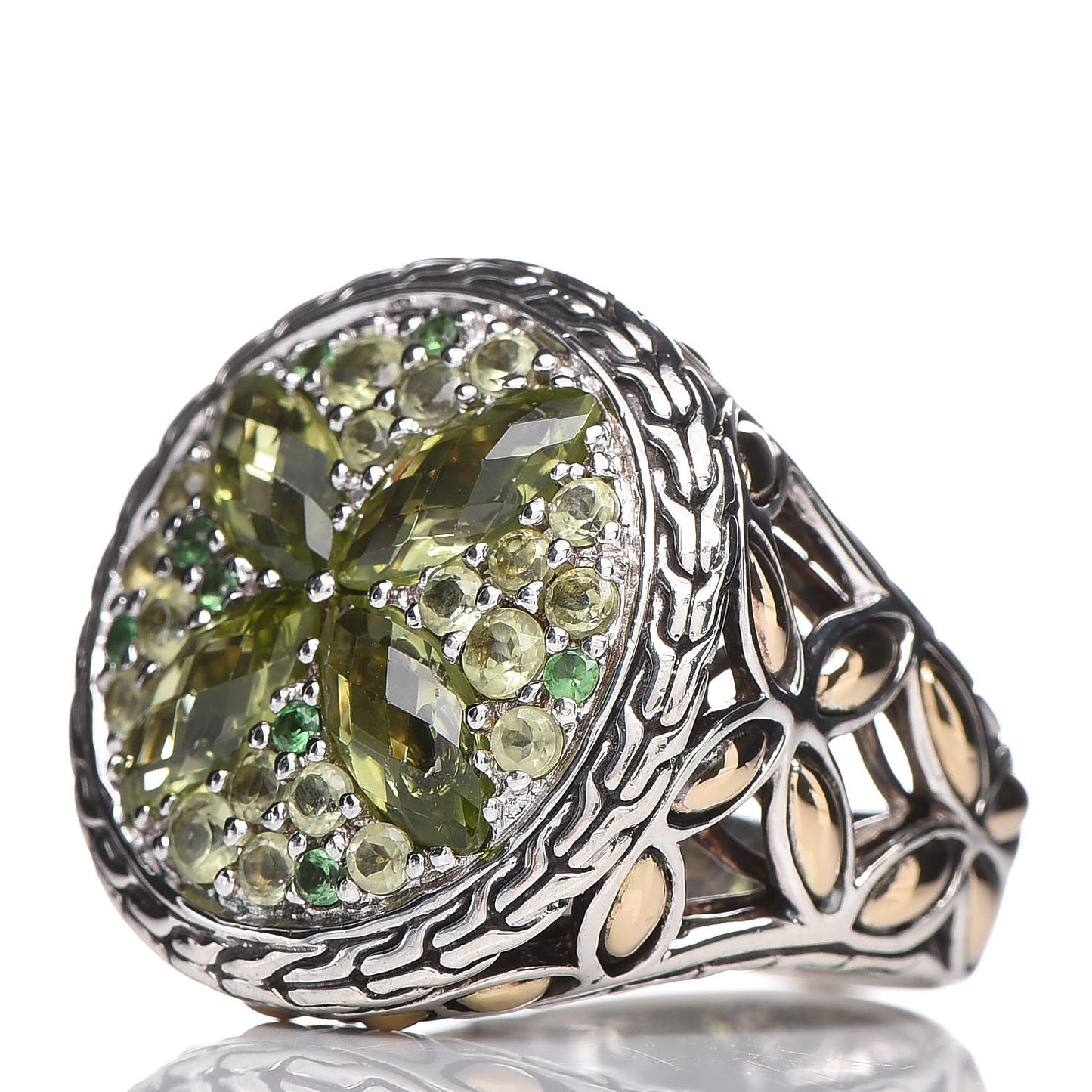 Sterling Silver 18K Yellow Gold Peridot Tsavorite Batu Kawung Ring 54 7