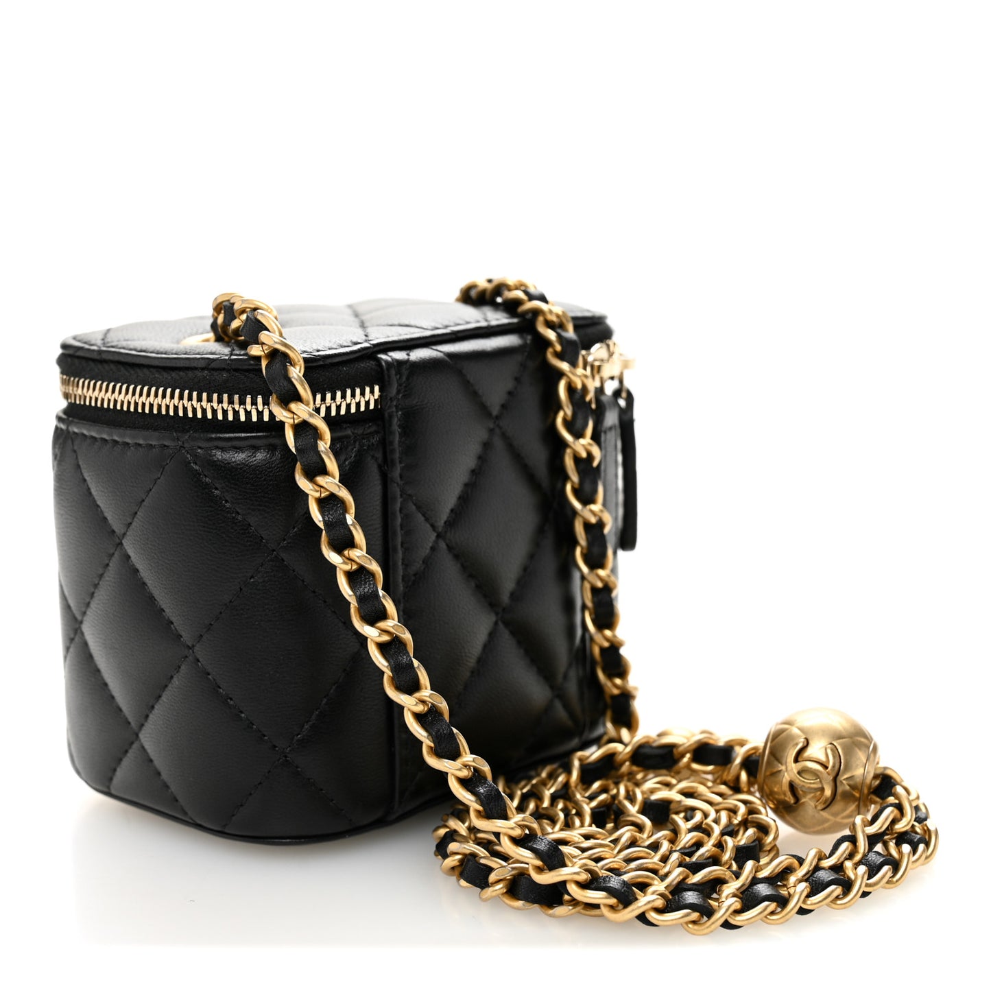 Lambskin Quilted Mini Pearl Crush Vanity Case With Chain Black
