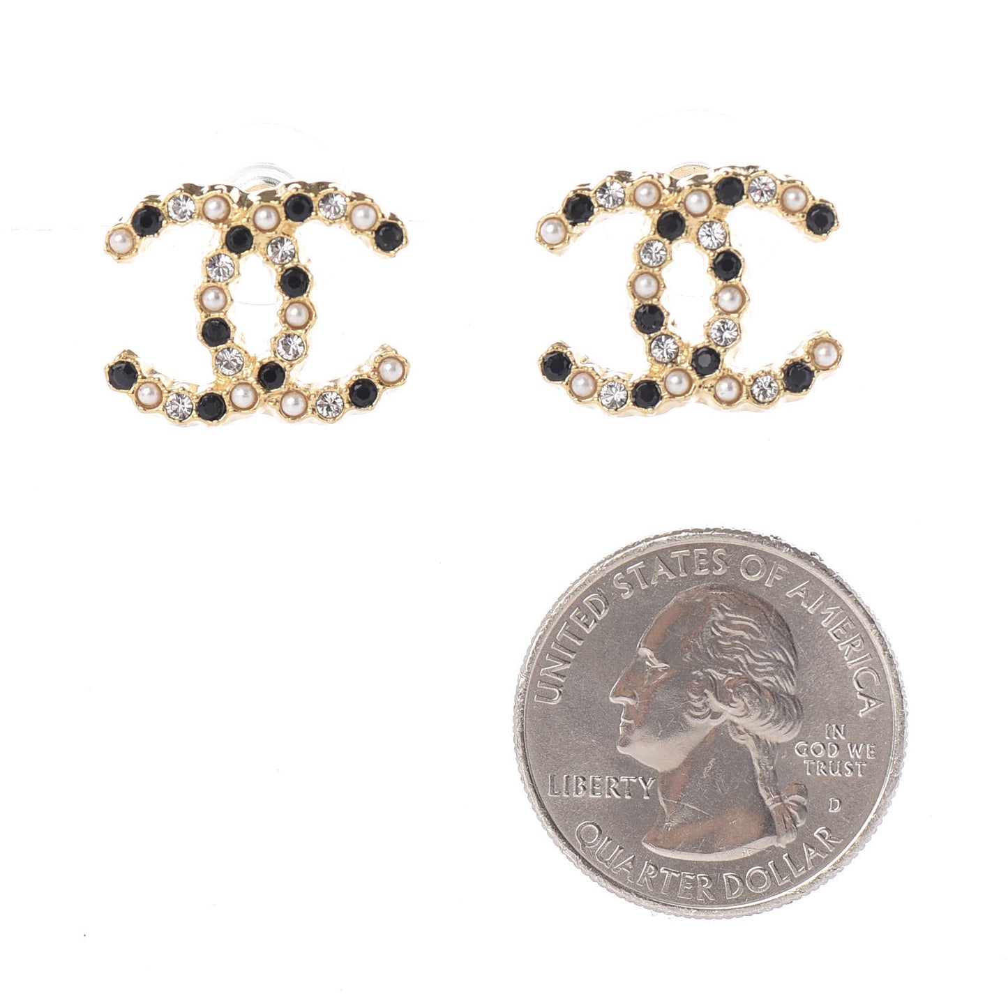 Resin Pearl Crystal CC Earrings Gold Black