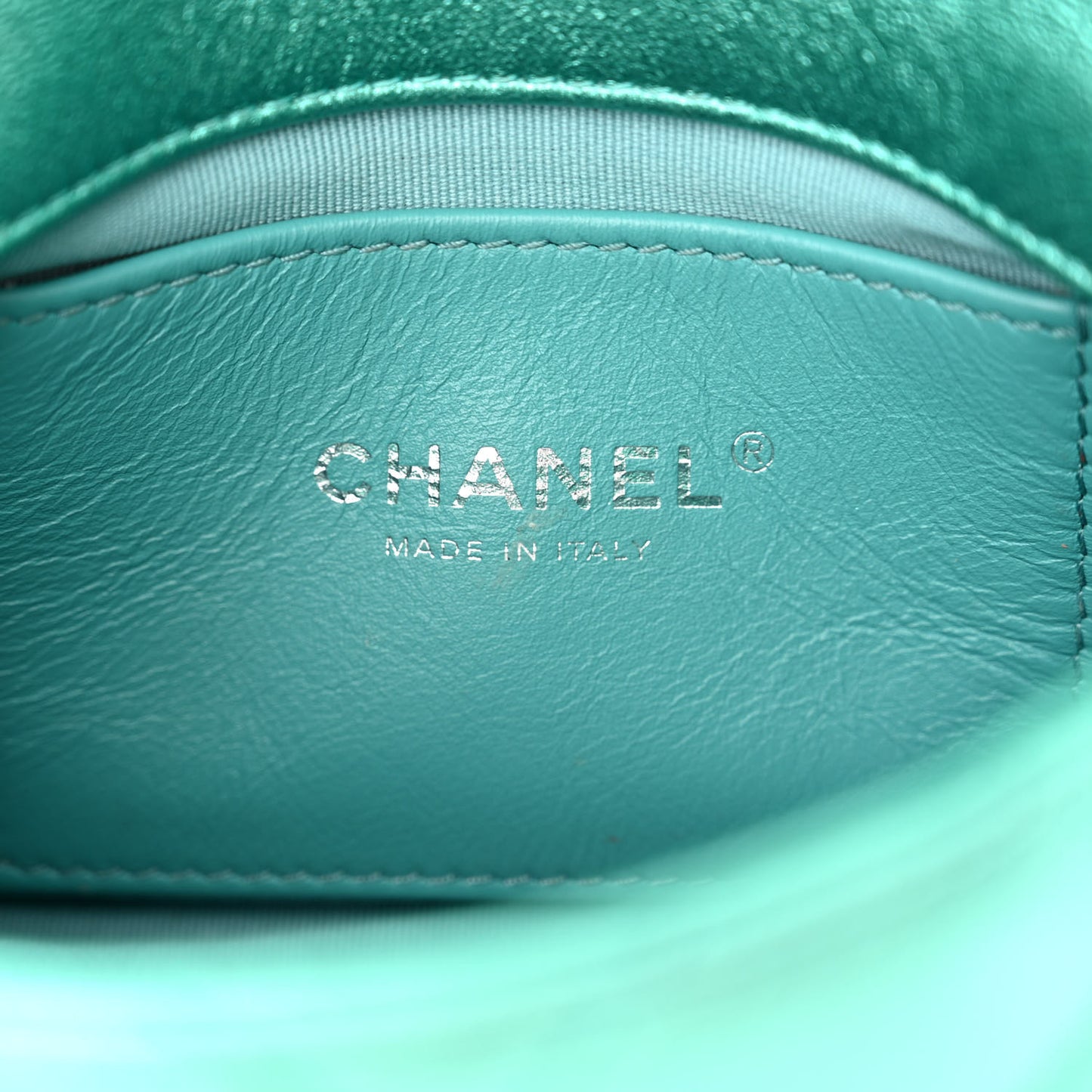 Metallic Lambskin Quilted Mini Lacquered Chain Flap Turquoise