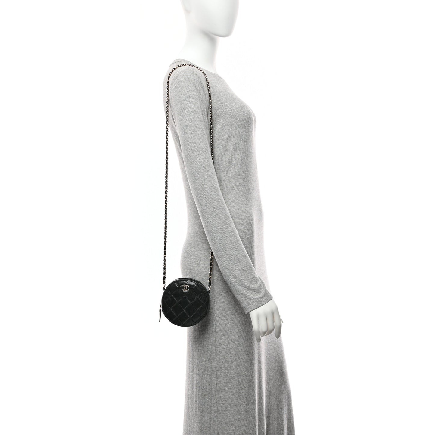 Calfskin Round Clutch With Chain Black