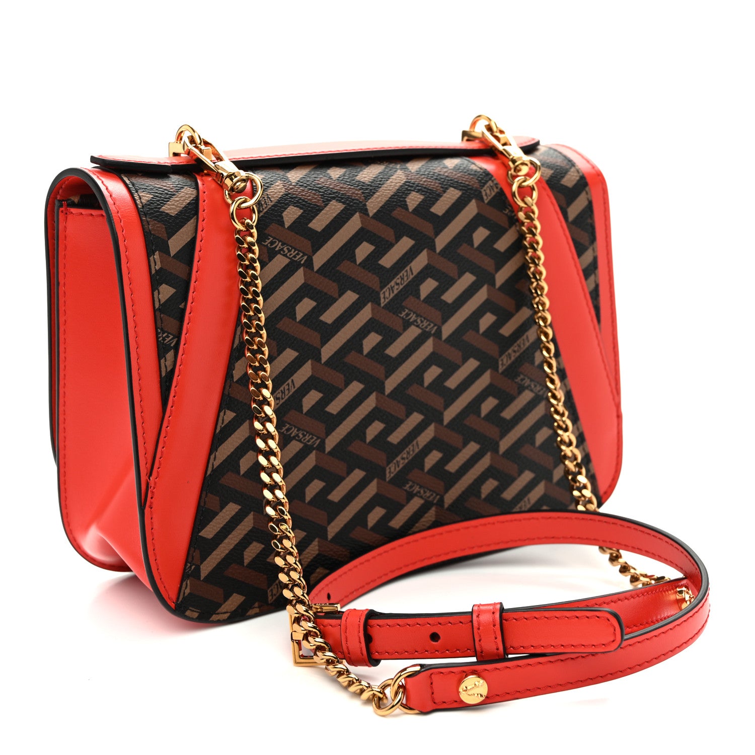 Versace Coated Canvas La Greca Signature Print Virtus Top Handle Shoulder Bag Red 3 of 9