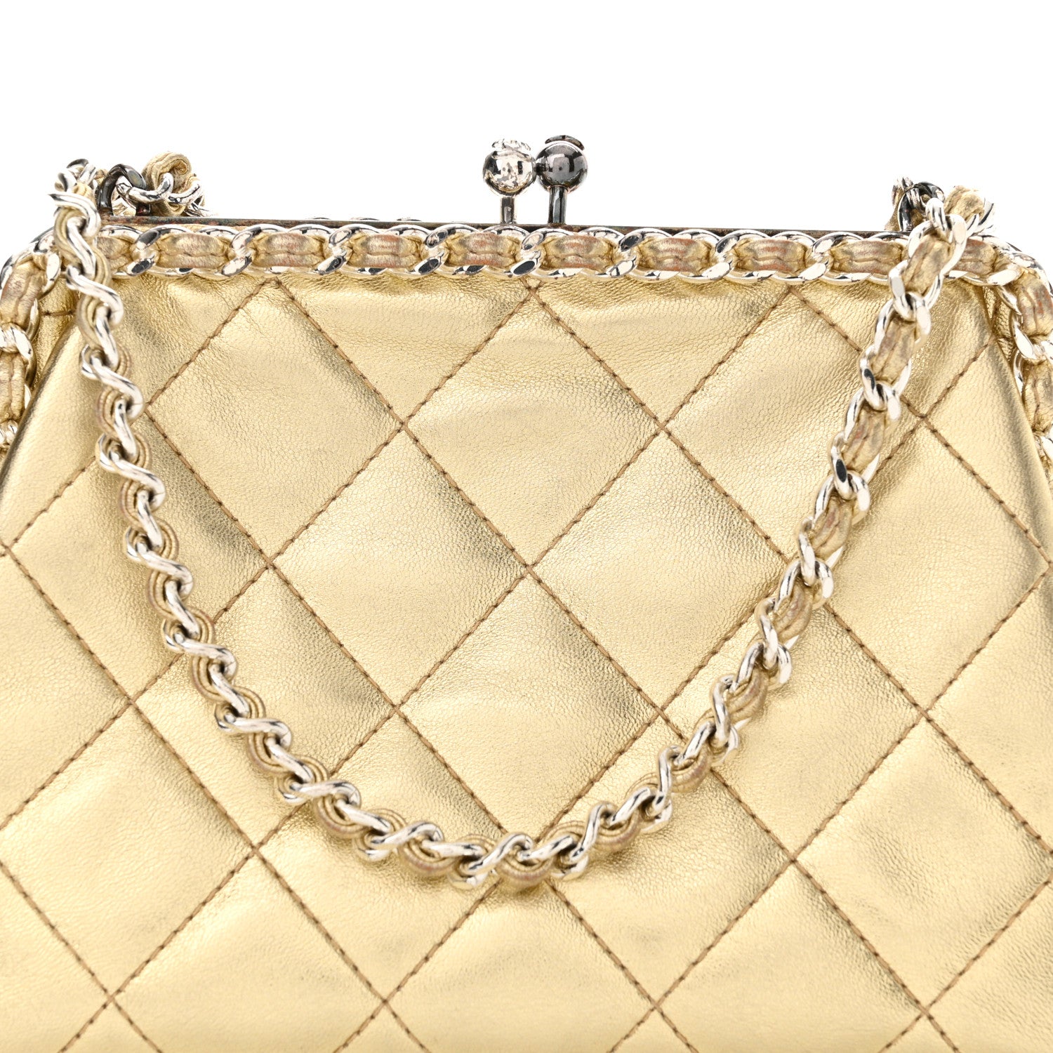 Chanel Metallic Lambskin Quilted Chain Around Kiss Lock Evening Clutch Gold 10 of 15