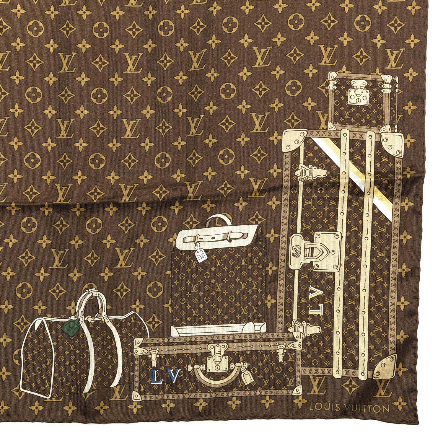 Louis Vuitton Silk Monogram Trunks Square Scarf Marroon 2 of 3