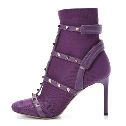 Valentino Garavani Calfskin Knit Rockstud Bodytech Sock Booties Purple 37 1 of 7