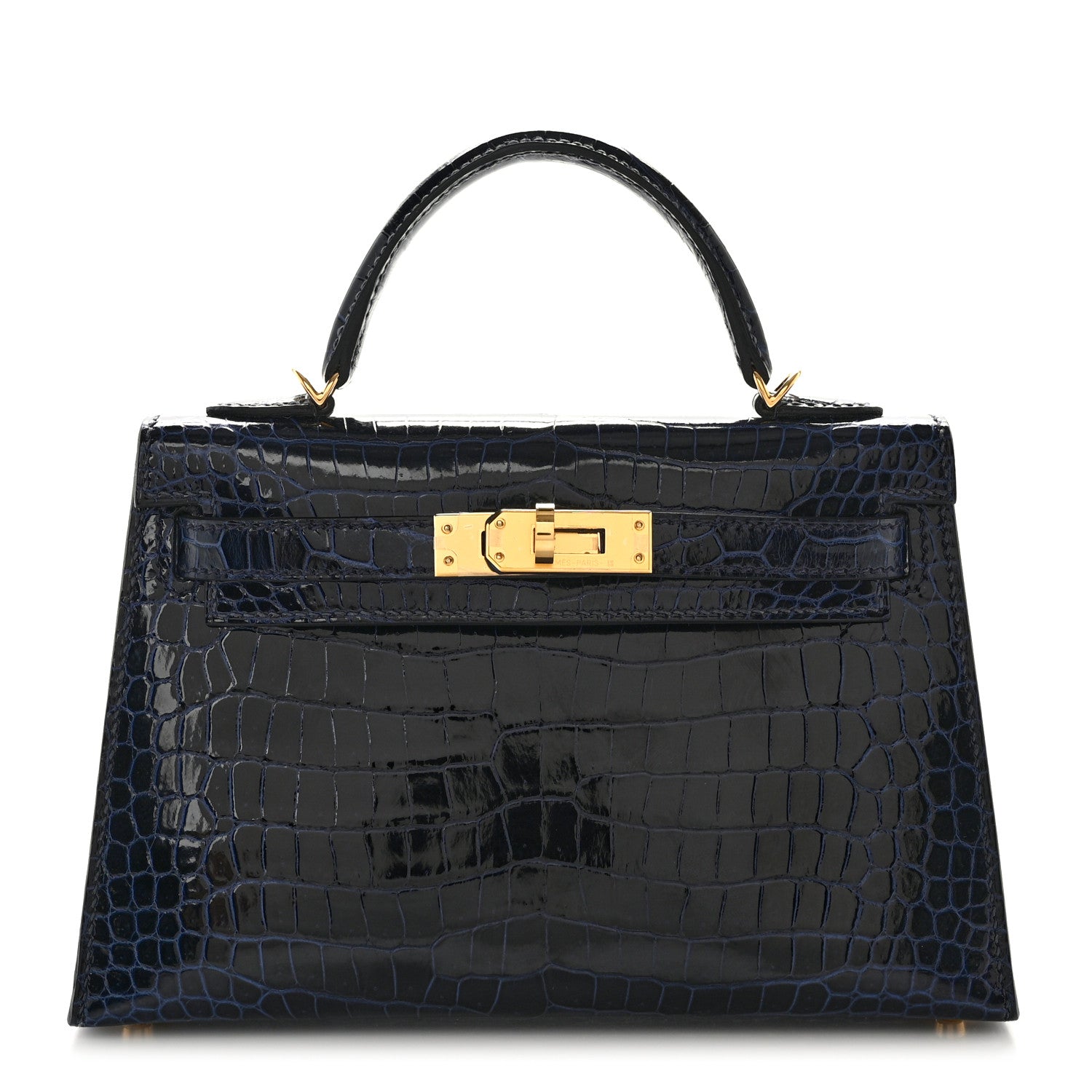 Hermes Shiny Porosus Crocodile Mini Kelly Sellier 20 Havane Bleu Marine 1 of 10