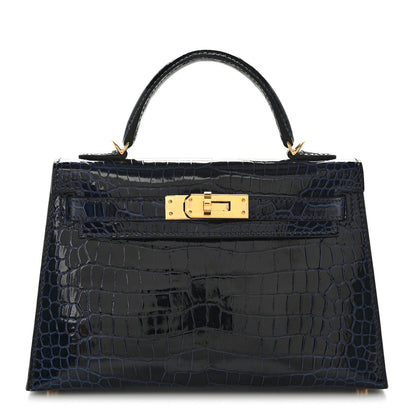 Hermes Shiny Porosus Crocodile Mini Kelly Sellier 20 Havane Bleu Marine 1 of 10