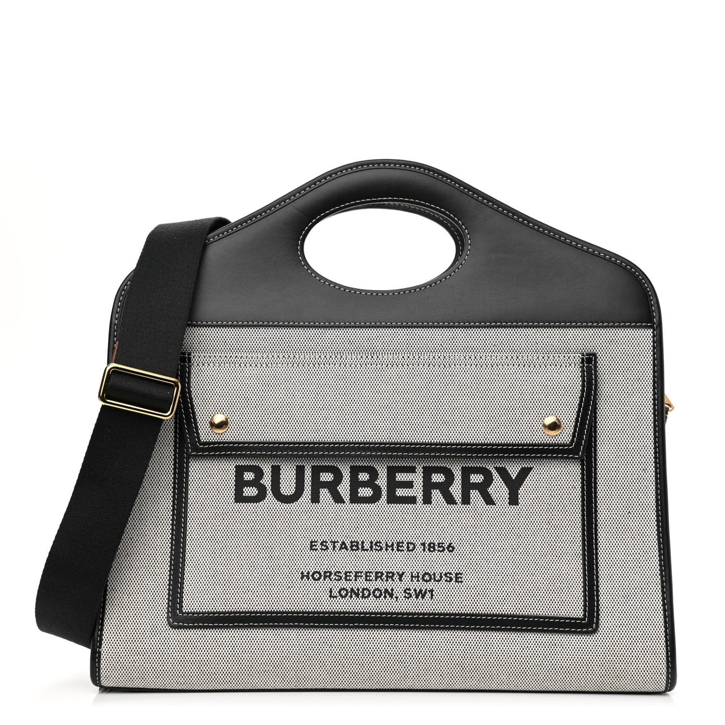 Canvas Smooth Calfskin Two Tone Medium Pocket Bag Black