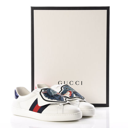 Gucci Calfskin Web Wolf Embroidered Mens Ace Sneakers 5 White 9 of 10