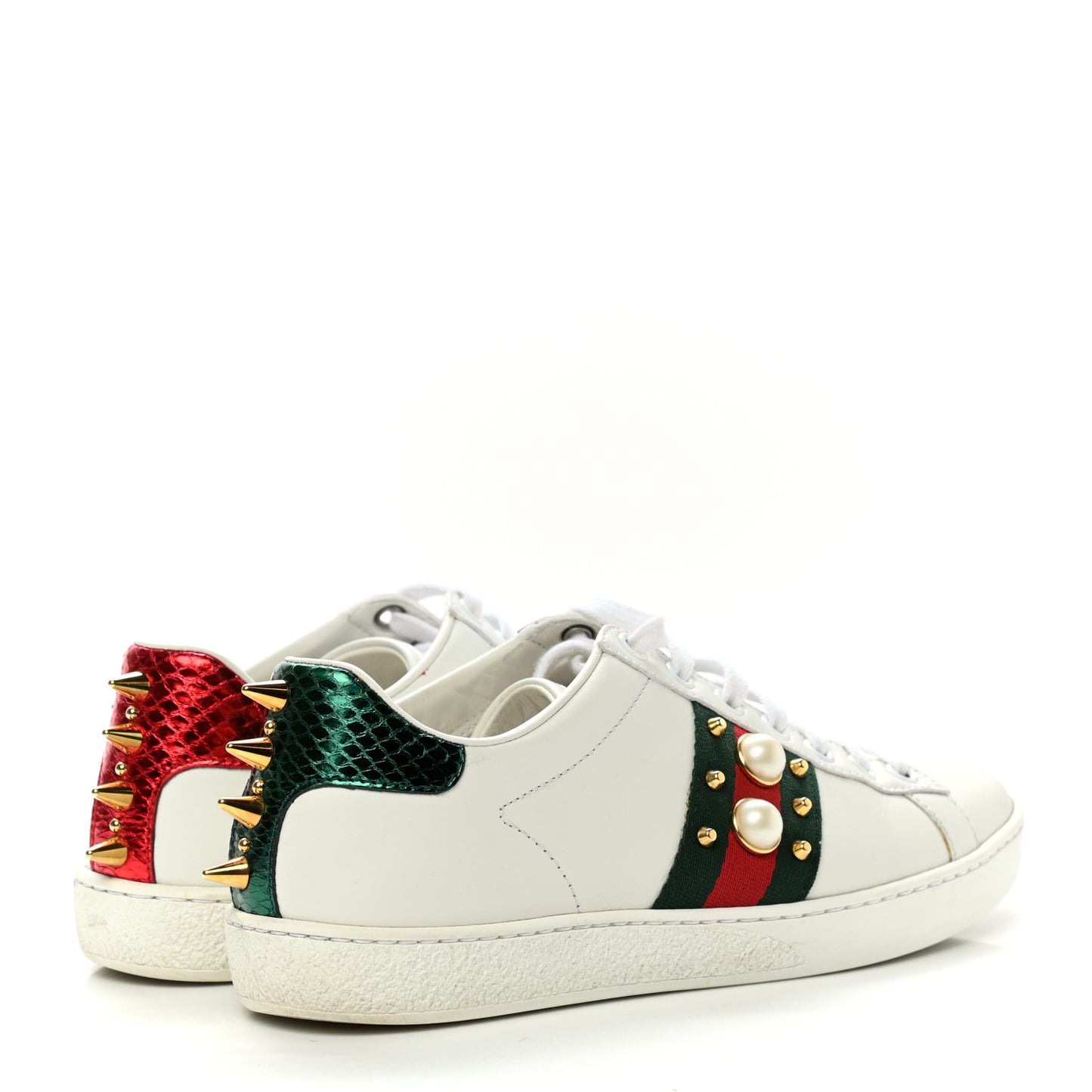 Calfskin Web Pearl Studded Womens Ace Sneakers 35 White