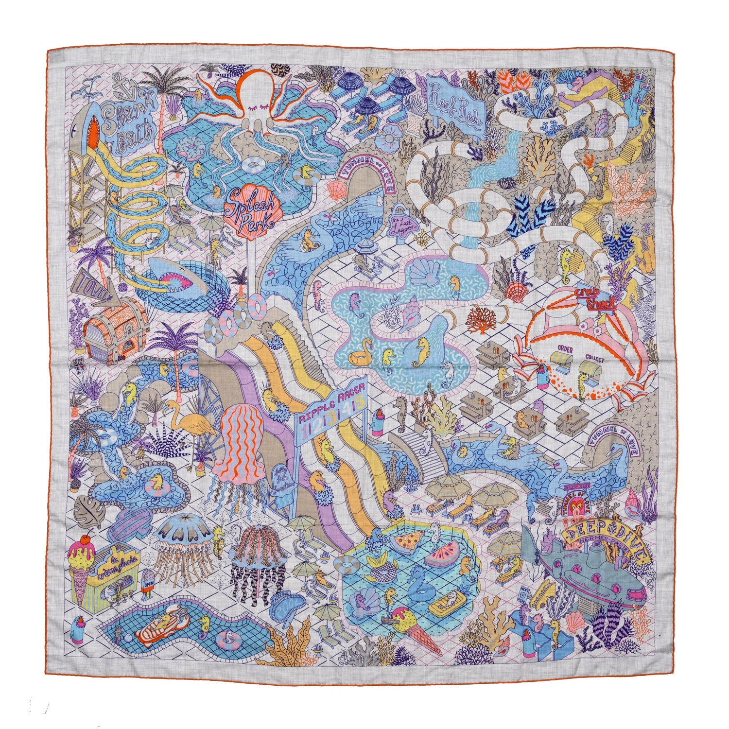 Hermes Cashmere Silk Splash Park Shawl 140 Gris Chine Bleu Jaune 1 of 4