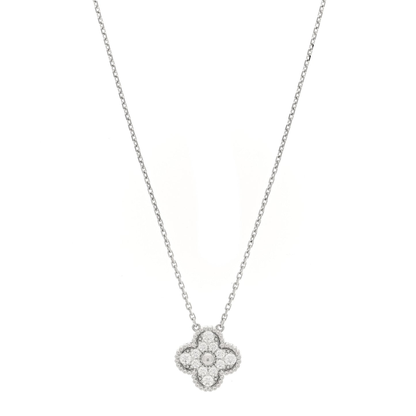 18K White Gold Diamond Vintage Alhambra Pendant Necklace