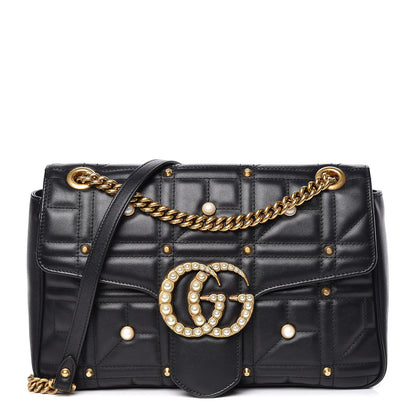Gucci Calfskin Matelasse Studded Medium Pearly GG Marmont Shoulder Bag Black 1 of 15