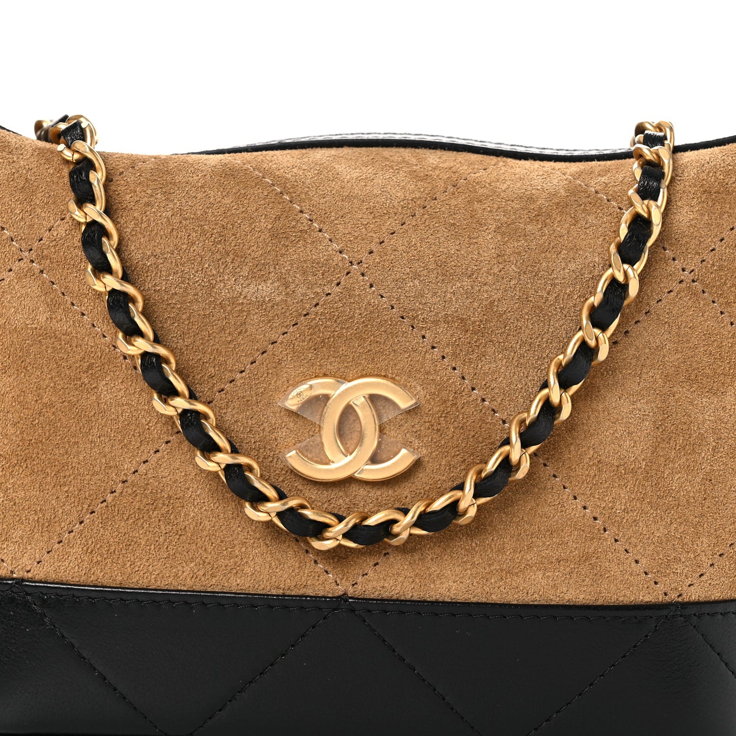 Suede Calfskin Shiny Lambskin Quilted Coco Base Hobo Clutch With Chain Beige Black
