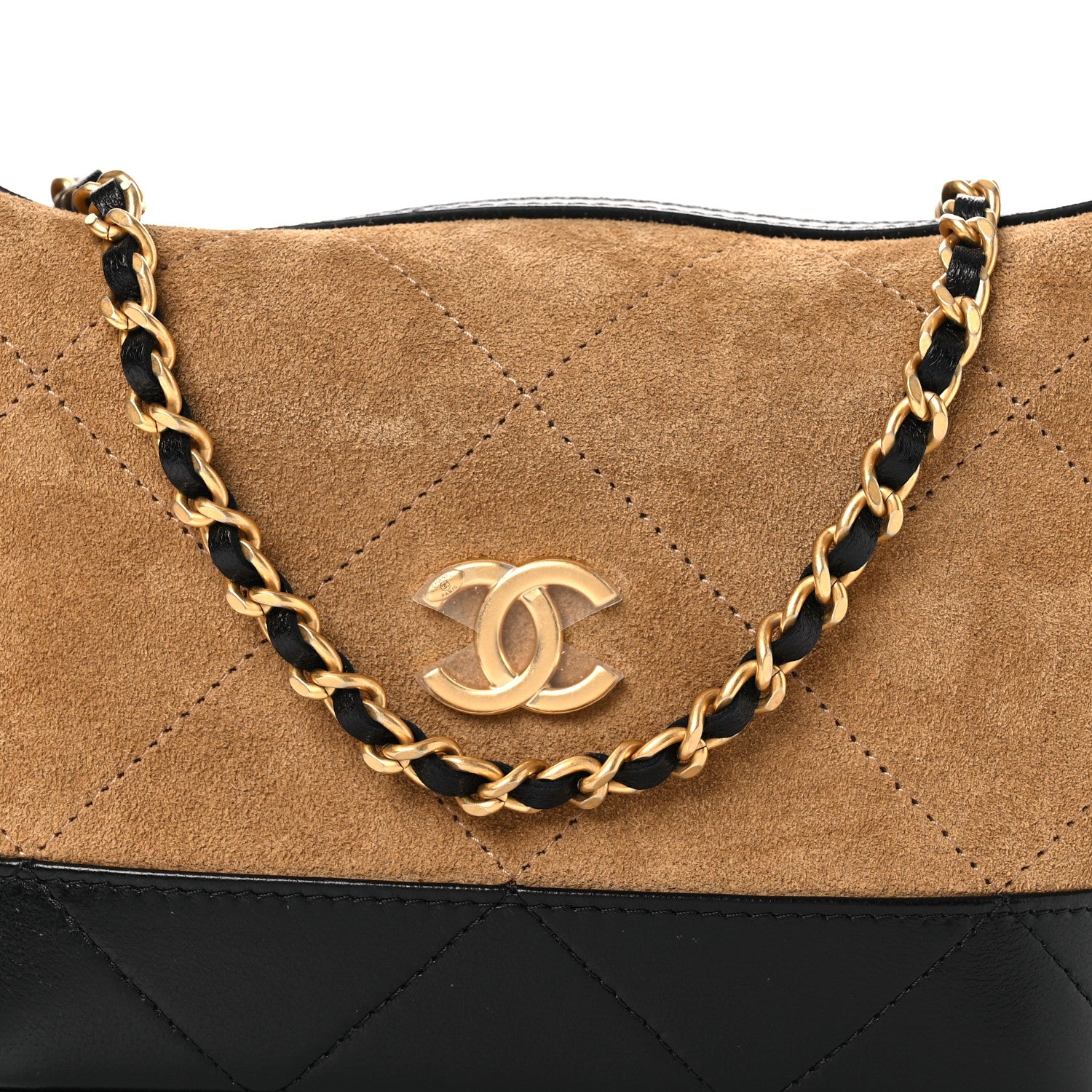 Chanel Suede Calfskin Shiny Lambskin Quilted Coco Base Hobo Clutch With Chain Beige Black 6 of 12