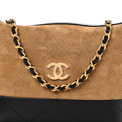 Chanel Suede Calfskin Shiny Lambskin Quilted Coco Base Hobo Clutch With Chain Beige Black 6 of 12