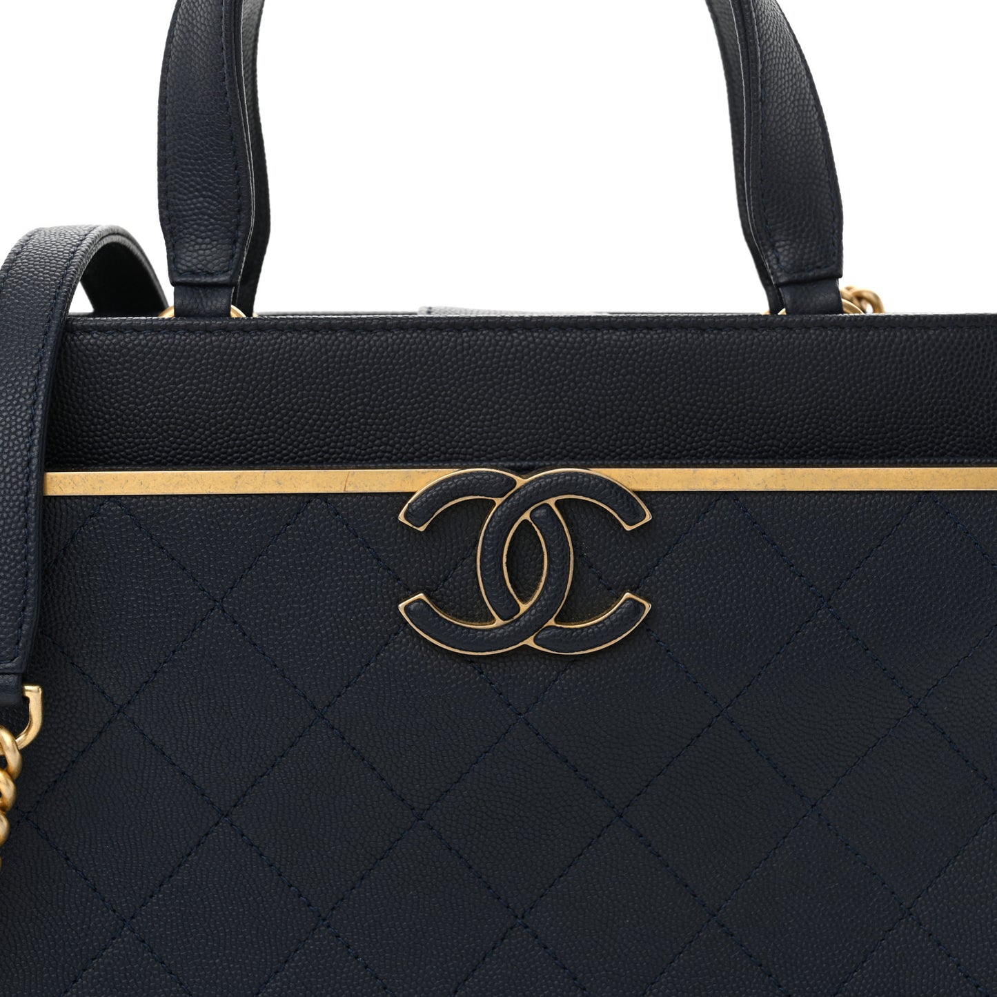 Grained Calfskin Stitched Small Lady Coco Top Handle Tote Navy