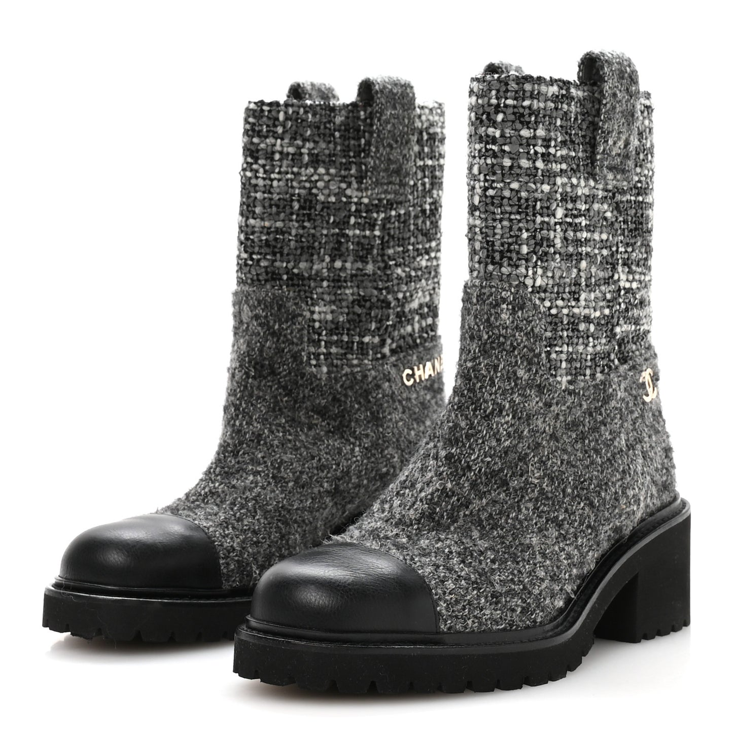 Wool Tweed CC Cap Toe Ankle Boots 38.5 Black Grey