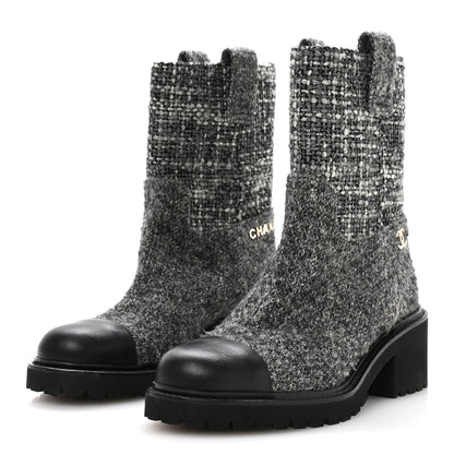 Chanel Wool Tweed CC Cap Toe Ankle Boots 38.5 Black Grey 4 of 8